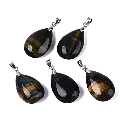 Тигровый глаз Подвески из натурального тигрового глаза, окрашенного в желтый и синий цвета., слезинки, с защелкой из нержавеющей стали на поручнях, цвет нержавеющей стали, 28~32x14~16x8~10 мм, отверстие : 4.5x3.5 мм