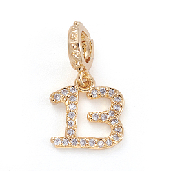 Golden Brass Micro Pave Cubic Zirconia European Dangle Charms, Large Hole Pendants, Letter B, Clear, Golden, 18.5mm, Pendant: 10.5x10x1.5mm, Hole: 4mm
