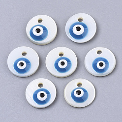 Dodger Blue Natural Freshwater Shell Charms, with Enamel, Flat Round with Evil Eye, Dodger Blue, 10x3mm, Hole: 1mm