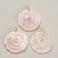 Rose Quartz Natural Rose Quartz Pendants, Flower Charms, with Brass Pave Cubic Zirconia Findings, Golden, 34.5~35x34~35x9mm, Hole: 6.5x9mm