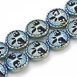 Зеленое Покрытие Гальванизировать немагнитных синтетический гематит бисер пряди, плоские круглые с дерева жизни, зеленый покрытием, 12~12.5x4~4.5 мм, отверстие : 1 мм, около 30 шт / нитка, 14.56 дюйм