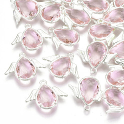 Pink Граненые подвески стекла, с элементами из экологически чистого сплава, без кадмия, без никеля и без свинца, ангел, серебряные, розовые, 18x22x4.5 мм, отверстие : 1.6 мм
