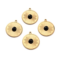 Black Onyx Подвески из натурального черного оникса, с ионным покрытием (ip) 304 выводы из нержавеющей стали, реальный 24 k позолоченный, окрашенная и подогревом, плоско-круглые, 20x18x3 мм, отверстие : 1.4 мм