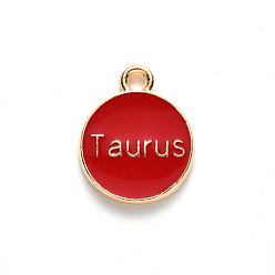 Taurus Alloy Enamel Pendants, Flat Round with Constellation, Light Gold, Red, Taurus, 15x12x2mm, Hole: 1.5mm, 100pcs/Box
