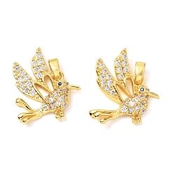 Настоящее золото 18K Латунные микропаве прозрачные подвески с фианитом, без кадмия и без свинца, птица, реальный 18 k позолоченный, 20x18x3.5 мм, отверстие : 5x2.5 мм