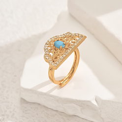 Бирюза Полые геометрические латунные микропаве регулируемые кольца для женщин, полукруглый, золотые, бирюзовые, 23x14 мм, внутренний диаметр: регулируемый