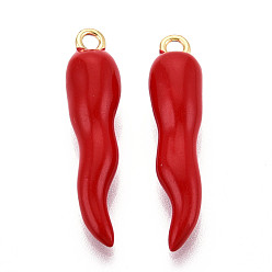 Красный Латунь эмаль подвески, без кадмия и без свинца, реальный 18 k позолоченный, рог изобилия / итальянский рог корничелло амулеты, красные, 29x7x7 мм, отверстие : 2 мм