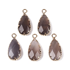 Natural Agate Natural Agate(Dyed & Heated) Faceted Pendants, Brass Teardrop Bezeled Charms, Golden, Gray, 24~25x10.5~11.5x5~5.5mm, Hole: 2mm