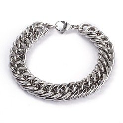 Нержавеющая Сталь Цвет Устойчивые к потускнению 304 браслеты из нержавеющей стали с кубинскими звеньями, с карабин-лобстерами , граненые, цвет нержавеющей стали, 8-5/8 дюйм (220 мм), 13.5 мм