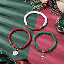 Golden 3Pcs 3 Styles Handmade Polymer Clay Beaded Stretch Bracelet Sets, Santa Claus & Christmas Tree Alloy Enamel Stackable Charm Bracelets for Women, Golden, Inner Diameter: 2 inch(5cm), 1pc/style