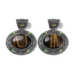 Тигровый глаз Природных тигровый глаз подвески, с фурнитурой из сплава античного серебра и эмалью, овальные, 54x59.5x15 мм, отверстие : 13x11 мм
