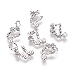 Letter U Латунь прелести, с фианитами и оболочки жемчужиной шарик, буквы, платина, прозрачные, letter.u, 9.5~11x3.5~10.8x3~3.5 мм, отверстие : 3.5 мм
