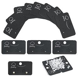 Black PVC Earring Card Holder, for Earring Display, Ear Studs and Hanging Earrings, with PP Ear Nuts, Rectangle with Flower Pattern, Black, 5.2x3.1x0.8cm, Hole: 1mm and 6mm, 100pcs