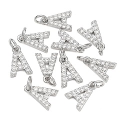 Letter A Colgantes Shegrace de latón con microengaste de circonitas cúbicas transparentes, sin níquel, 925 chapado en plata de ley, amuletos de la letra a, 12x8.5x2.5 mm, anillo de salto: 5x1 mm, diámetro interior: 3 mm