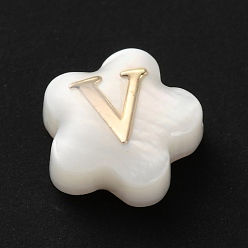 Letter V Натуральные белые ракушки, золотые эмалевые бусины с буквами, Буква V, 8x4.5 мм, отверстие : 0.8 мм