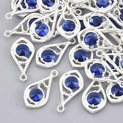 Королевский синий Граненые подвески стекла, с настройками открытой спины из экологически чистого сплава, без никеля , слеза, серебряный цвет гальваническим, королевский синий, 21x11x3.5 мм, отверстие : 1.6 мм