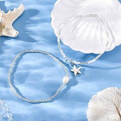 Морская звезда 2 летние эластичные браслеты на щиколотку из натурального жемчуга и круглых стеклянных бусин, Женские браслеты на ногу с подвесками из синтетической бирюзы и натурального аквамарина, белый и ясно, морская звезда, внутренний диаметр: 3~3-1/8 дюйм (7.5~8 см), 1 шт / стиль, 2 шт / комплект