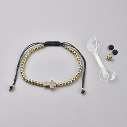 Golden Brass Braided Bead Bracelets, with Brass Micro Pave Cubic Zirconia Beads, Nylon Thread, Natural Agate Beads and Elastic Crystal Thread, Cross, Golden, 2-1/8 inch~3-7/8 inch(5.5~10cm)