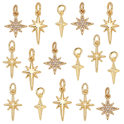 Настоящее золото 18K 16 шт 4 стили латунные подвески, звезда, реальный 18 k позолоченный, 13.5~17.5x6~11.5x1.5~2.5 мм, отверстие : 3~3.4 мм, 4 шт / стиль
