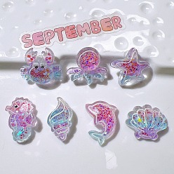 (52) Непрозрачная лаванда Прозрачные смолы кабошоны, морская звезда/форма ракушки/дельфин/морской конёк/краб, с блестка, разноцветные, 19~24.5x14~23x7.5~8 мм