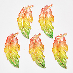 Orange Autumn Theme Transparent Acrylic Big Pendants, with Plated Bottom, Leaf, Orange, 61.5x27x4mm, Hole: 1.2mm