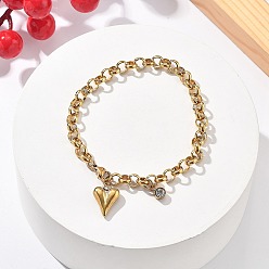 Золотой 304 из нержавеющей стали шарм браслеты, браслеты цепей роло для женщин, с кубического циркония, Сердце & плоские круглые, золотые, 7-1/2 дюйм (19 см)