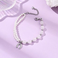 Розовый Кварц Браслеты с подвесками из латуни с прозрачным кубическим цирконием, Браслеты для женщин из круглых жемчужин и натурального розового кварца, Подковы, платина, 7.56 дюйм (19.2 см)