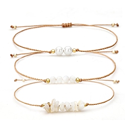 Шушан Камень Регулируемые браслеты из плетеных бусин ракушек и жемчуга, с латунной бисера, 5-7/8~11-3/4 дюйм (15~30 см), 3 шт / комплект