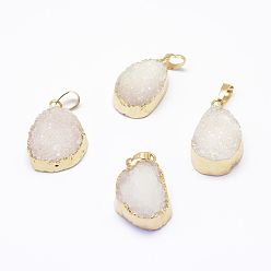 Old Lace Electroplated Natural Druzy Agate Pendants, Golden, Drop, Old Lace, 28~37.5x15~24x8~10mm, Hole: 5x7mm