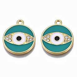 Темный Голубой Стойки обшивки сплава эмали подвески, с кристально горный хрусталь, золотой свет, без кадмия, без никеля и без свинца, плоский круглый с оберегами от сглаза, темные голубые, 18x15x1.5 мм, отверстие : 1.6 мм