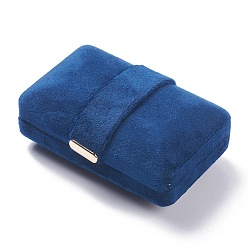 Blue Rectangle Velvet Ring Jewelry Boxes, with PU and Iron, for Proposal, Engagement, Wedding, Gift, Blue, 8.7x5.9x3.5cm