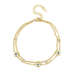 Golden Ion Plating(IP) 304 Stainless Steel Chains Anklet, with Resin Evil Eye, Cubic Zirconia Charms Anklet, Golden, 8-1/4 inch(21cm)