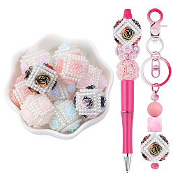 Mixed Color 10Pcs Opaque Resin Beads, Cube with Rose Flower, with ABS Plastic Imitation Pearl Beads, Mixed Color, 21x23x22.5mm, Hole: 1.6mm
