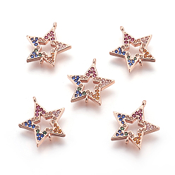 Розовый Позолоченный Латунные микро проложить кубических ссылки циркония, без свинца, без кадмии и без никеля, звезда, полый, красочный, Настоящее розовое золото покрыто, 14.5x15x1.5 мм, отверстие : 0.8 мм