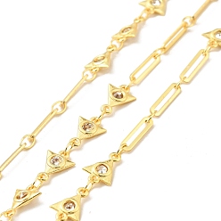 Golden Rack Plating Brass Triangle & Paperclip Chains, with Clear Cubic Zirconia, Long-Lasting Plated, Soldered, with Spool, Cadmium Free & Lead Free, Golden, 9x6.5x1.5mm, 10x2x0.5mm