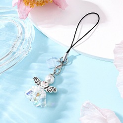 Прозрачный АВ Ангел стеклянные бусины мобильные ремни, с петлей пуповины, с пылезащитными заглушками из ПВХ, античное серебро, ясно AB, 96.5 мм