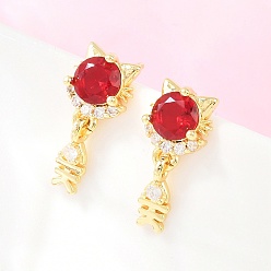Красный Латунь микро проложить кубический цирконий болтаться серьги стержня, форма кошки с рыбьей костью, долговечный, стойки покрытие, без свинца и без кадмия, реальный 18 k позолоченный, красные, 19x9 мм