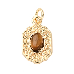 Настоящее золото 18K Природных тигровый глаз подвески, с соединительным кольцом и стойкой, покрытая латунью фурнитура, долговечный, прямоугольный шарм, реальный 18 k позолоченный, 16x9.5x4 мм, отверстие : 3 мм