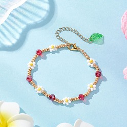 White Glass Seed Beaded Bracelets for Women, Flower, with Acrylic and Zinc Alloy, White, 7-3/8 inch(18.7cm)