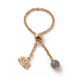 Labradorit Einstellbare Fingerringe aus 304 Edelstahl, Schieberegler Ringe, mit natürlichen Labradoritperlen, Lotosblume, golden, 96 mm