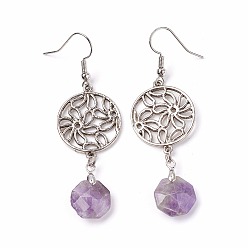 Аметист Болтаться серьги природный аметист, с латунными штифтами и подвесками из сплава, плоские круглые с цветком, 62 мм, кулон: 45x20 мм, контактный: 0.6 мм
