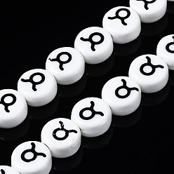 Taurus Handmade Porcelain Ceramic Beads Strands, Printed, Flat Round with Constellation, Taurus, 10~11x5mm, Hole: 2mm, about 30pcs/strand, 11.81 inches(30cm)