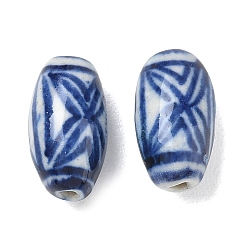 Midnight Blue Handmade Porcelain Beads, Blue and White Porcelain, Oval with Flower Pattern, Midnight Blue, 15.5x8.5mm, Hole: 1.6mm