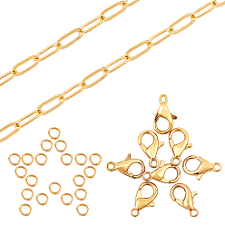 Golden DIY Paperclip Chain Jewelry Making Kits, Including 5m Brass Paperclip Chains, Zinc Alloy Lobster Claw Clasps and Iron Jump Rings, Golden, Chain Link: 7.6x2.6x0.5mm