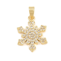 Golden Brass Micro Pave Clear Cubic Zirconia Pendants, Christmas Snowflake Charms, Golden, 18x14x2mm, Hole: 5x2mm
