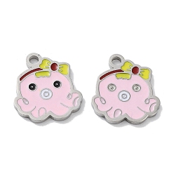 Pink 304 Stainless Steel Enamel Pendants, Octopus Charm, Stainless Steel Color, Pink, 15x13.5x1.5mm, Hole: 1.8mm