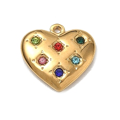 Real 18K Gold Plated 304 Stainless Steel Pendants, with Rhinestone, Heart Charms, Real 18K Gold Plated, 15x15x2mm, Hole: 1.5mm