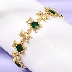 Зеленый Латунные браслеты-цепочки с микропаве из кубического циркония для женщин, медведь, со стеклом, стойки покрытие, долговечный, реальный 18 k позолоченный, без кадмия и без свинца, зелёные, 7.09 дюйм (18 см)