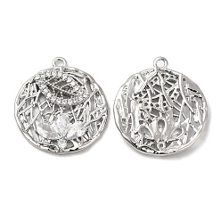 Real Platinum Plated Brass Micro Pave Cubic Zirconia Pendants, with Glass Finding, Nickel Free, Flat Round, Real Platinum Plated, 21.5x20x3.5mm, Hole: 1.4mm