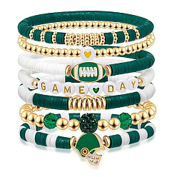 Темно-Зеленый 7Набор браслетов из полимерной глины Heishi и пластиковых бусин CCB в стиле регби, украшения из сплава с подвесками для женщин, золотые, темно-зеленый, внутренний диаметр: 2-3/8 дюйм (6 см)
